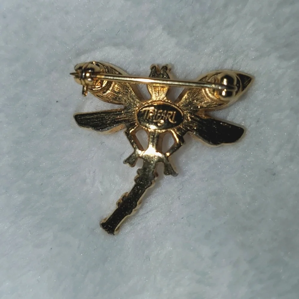 Vintage Trifari Gold Tone and Enamel Dragonfly Pin Brooch Signed